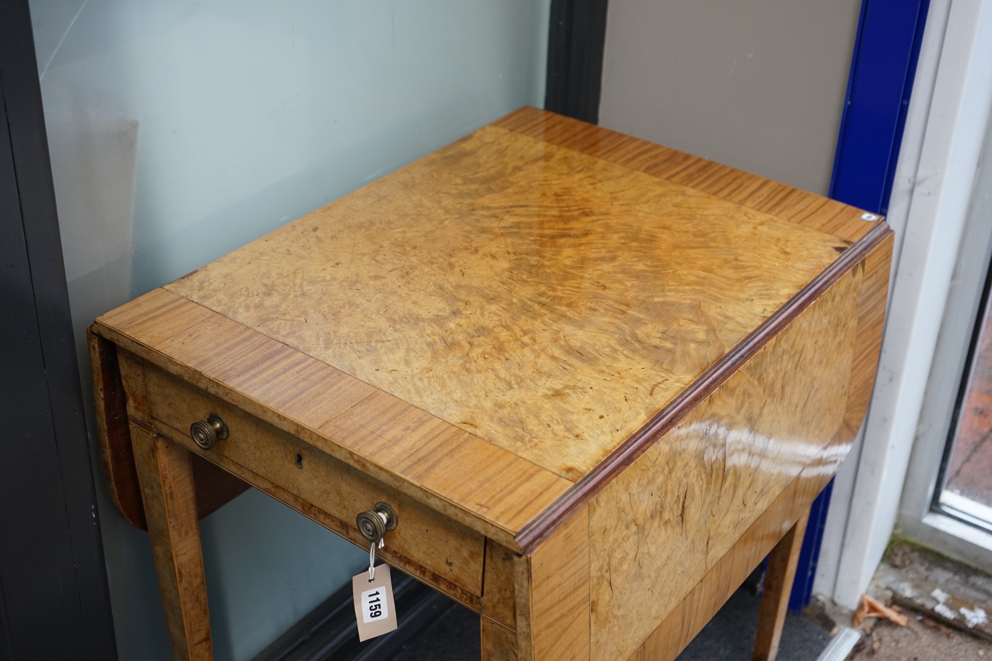 A George III burr elm and tulipwood banded mahogany Pembroke table with frieze drawer, width 105cm extended, depth 68cm, height 71cm